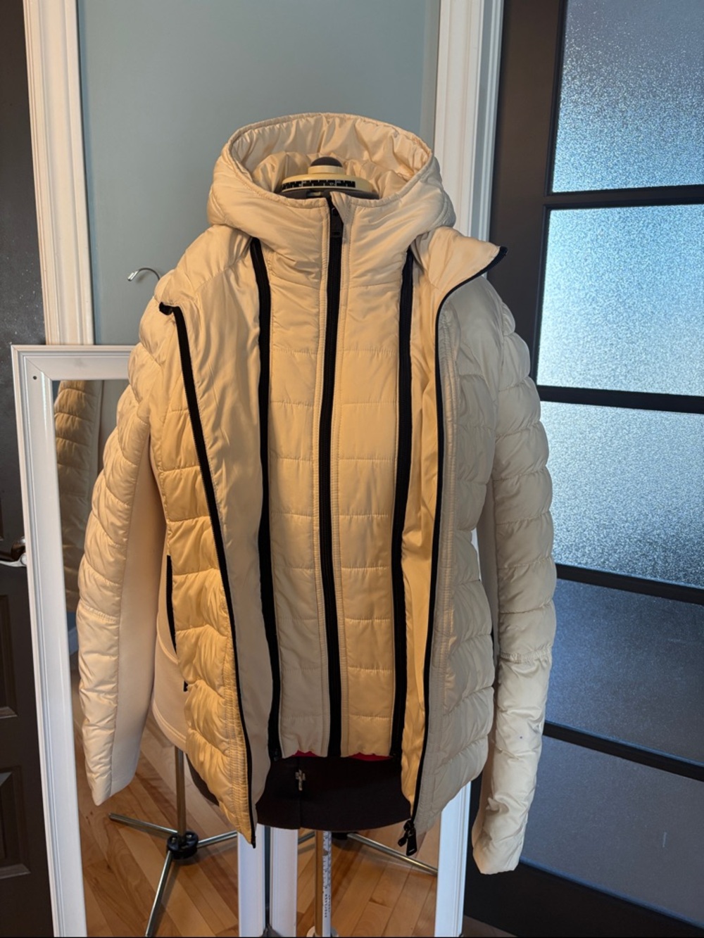 Bernardo Cream Quilted Hooded Puffer Jacket with Black Trim